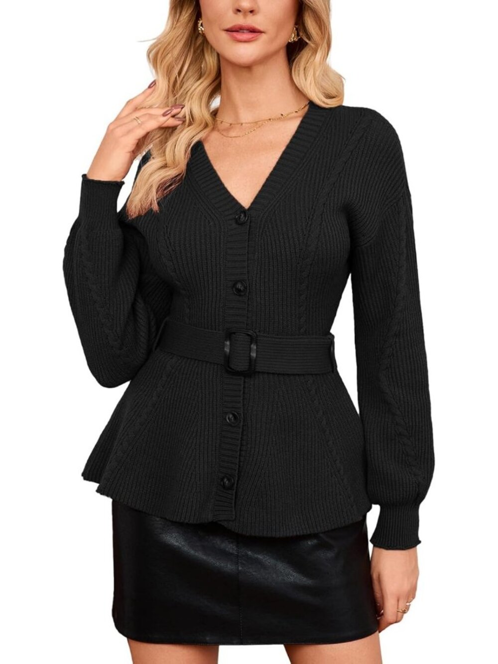 Cozy Belted Cable Knit Cardigan | Long Sleeve V-Neck Peplum Sweater for Women